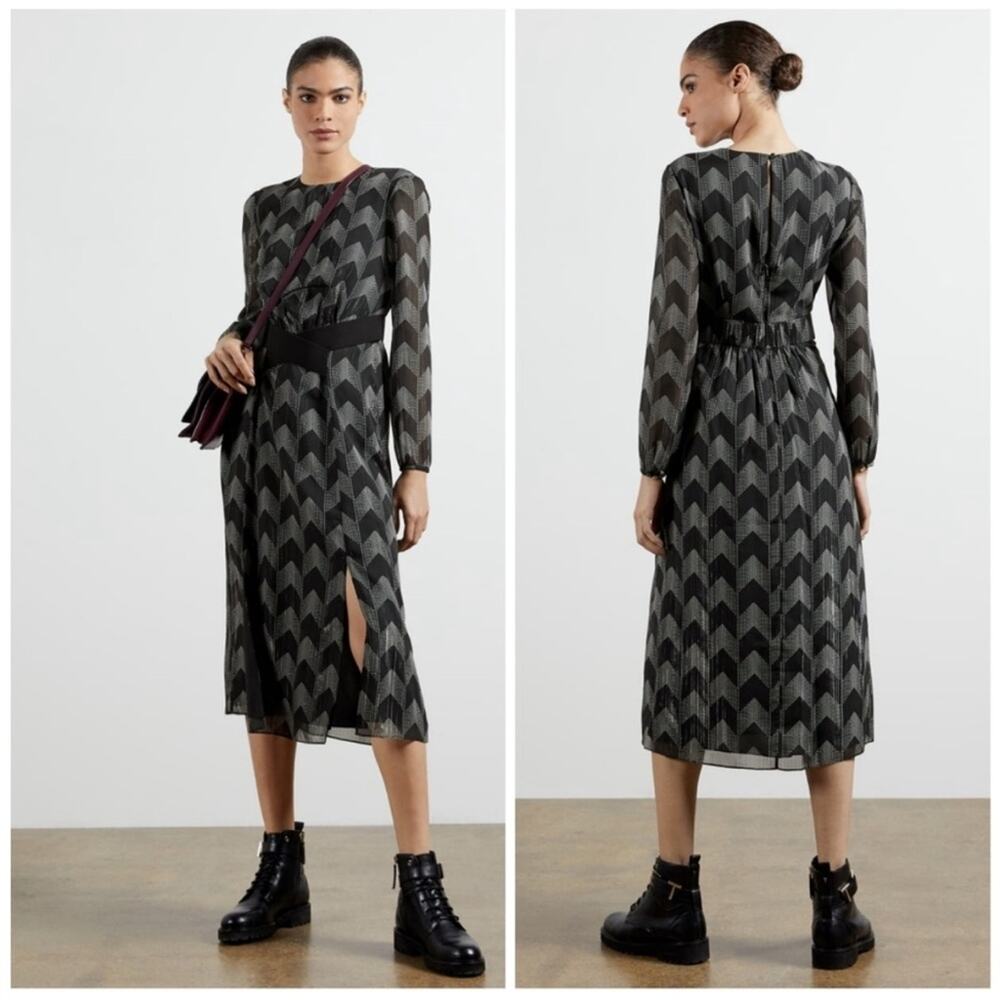 Ted Baker London Aselli Atlas Long Sleeve Midi Dress in Black Chevron - Size 1